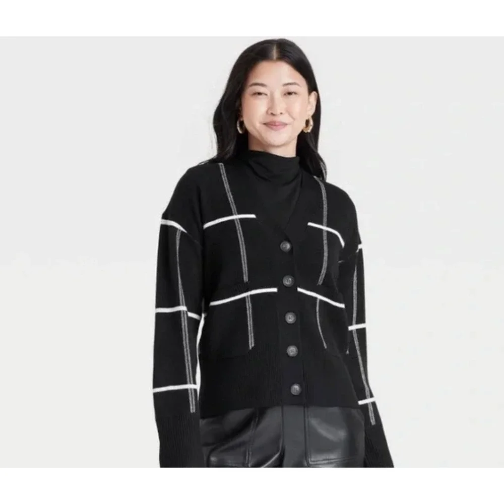 A New Day NWT XS Black White Plaid Button Front Knit Cardigan Sweater Preppy NEW